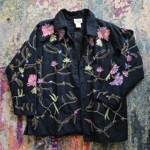 Quacker Factory Black Beaded Floral Embroidery Button Down Jacket